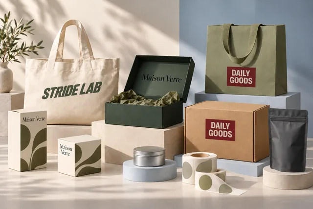Concept assortment of cartons, gift boxes, bags, pouches and labels — illustrative brand concept