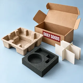 Molded pulp, foam and paperboard packaging inserts — illustrative brand concept