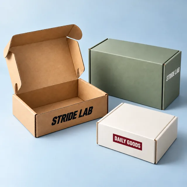 Open kraft and closed printed corrugated mailer boxes — illustrative brand concept