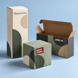Ivory, sage and charcoal folding cartons — illustrative brand concept