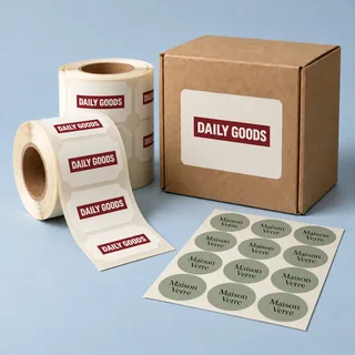 Adhesive label rolls and die-cut label sheets — illustrative brand concept