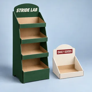 Floor-standing and countertop cardboard displays — illustrative brand concept