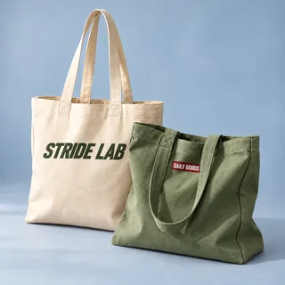 Cream and sage fabric tote bags — illustrative brand concept