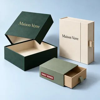 Lift-off lid, magnetic and drawer-style rigid gift boxes — illustrative brand concept