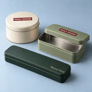 Round and rectangular metal packaging tins — illustrative brand concept