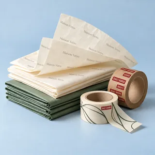 Cream and sage tissue paper with packing tape rolls — illustrative brand concept