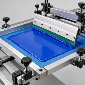 Illustrative screen-printing process with blue ink and a squeegee