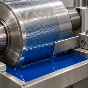 Illustrative gravure cylinder, doctor blade and ink trough