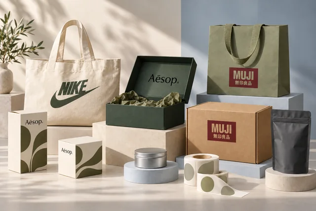 Concept assortment of cartons, gift boxes, bags, pouches and labels — illustrative brand concept