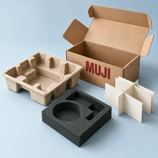 Molded pulp, foam and paperboard packaging inserts — illustrative brand concept