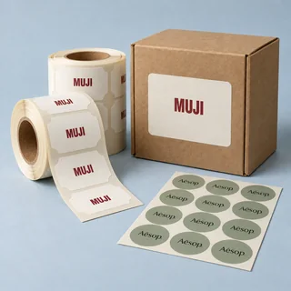 Adhesive label rolls and die-cut label sheets — illustrative brand concept