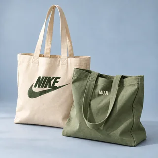 Cream and sage fabric tote bags — illustrative brand concept