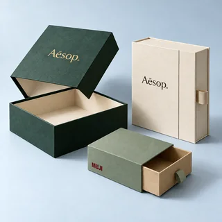 Lift-off lid, magnetic and drawer-style rigid gift boxes — illustrative brand concept