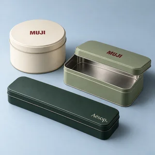 Round and rectangular metal packaging tins — illustrative brand concept