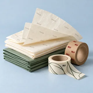 Cream and sage tissue paper with packing tape rolls — illustrative brand concept