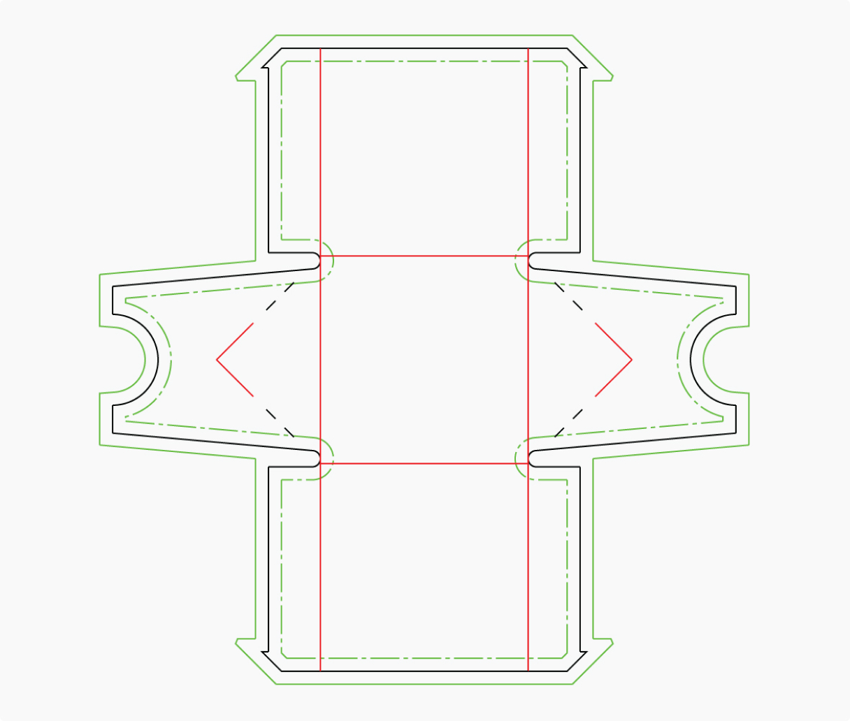Image of a custom dieline template to showcase the different lines on a dieline