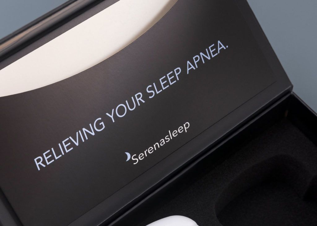 Close-up of a matte black lid with white text reading 'RELIEVING YOUR SLEEP APNEA.' above the Serena Sleep logo.