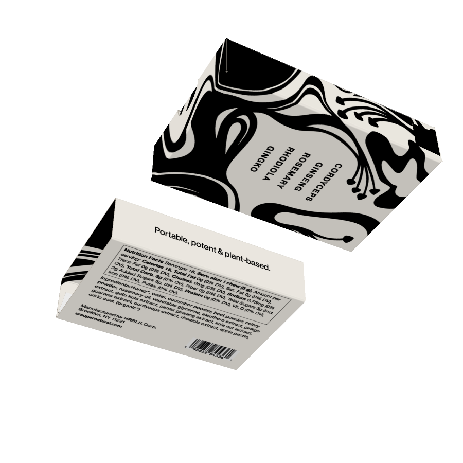 3D render of the back and bottom of a white HRBLS Everyday Endurance box showing ingredients and nutrition.