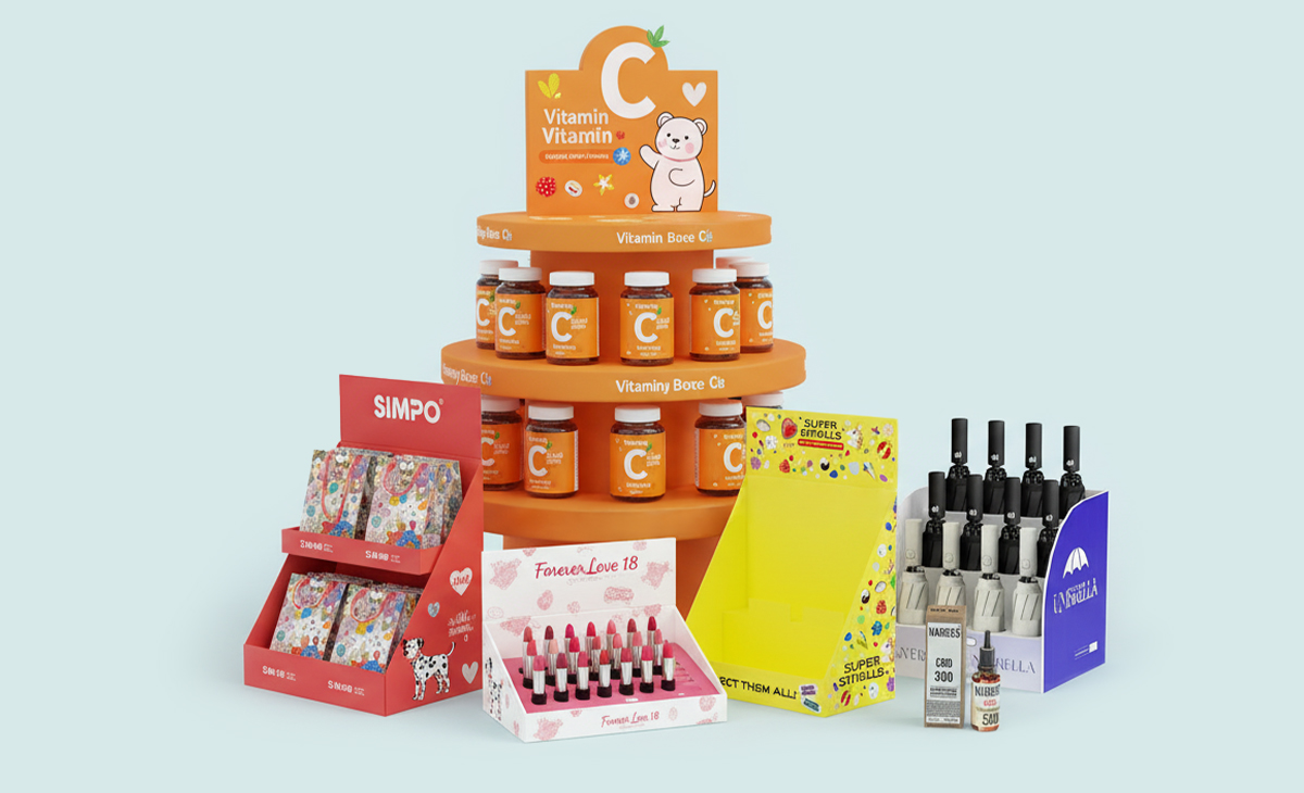 Printed countertop displays holding retail products