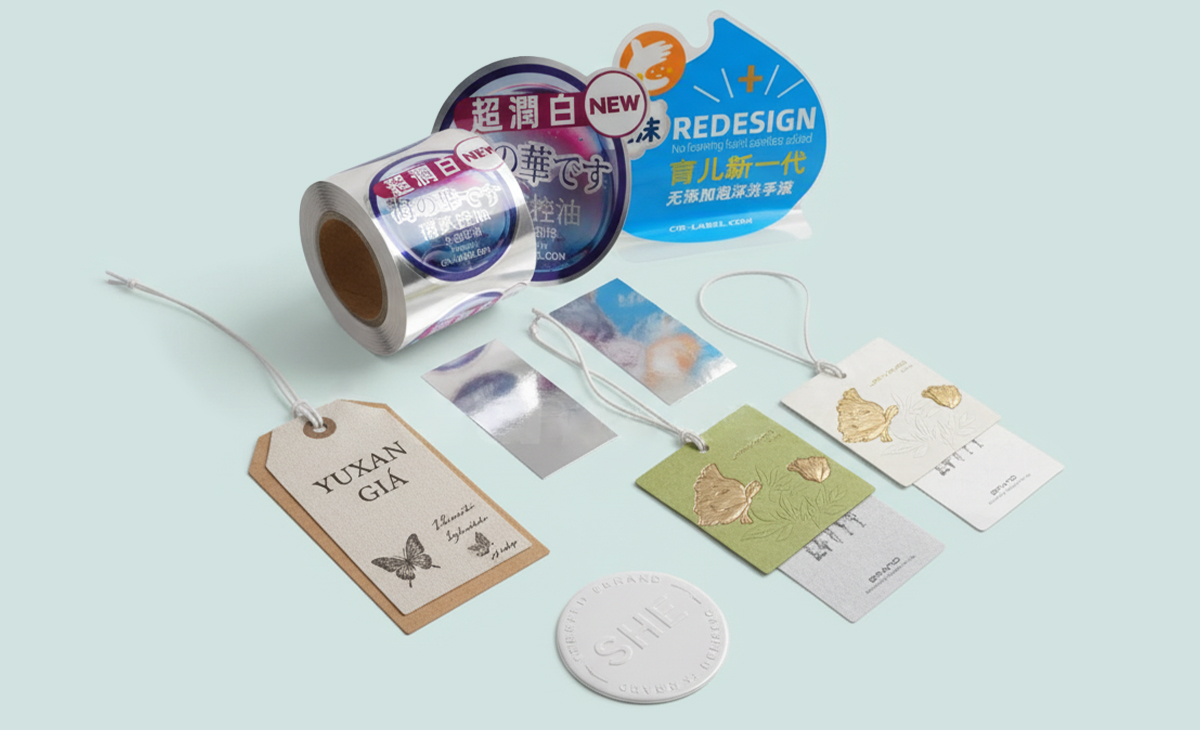 Printed adhesive labels on a roll and paper hang tags