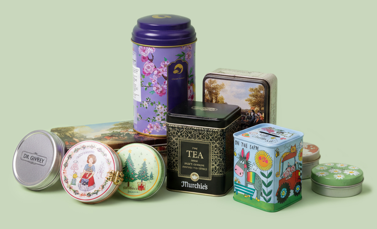 Printed metal tea and gift tins with real decorative graphics