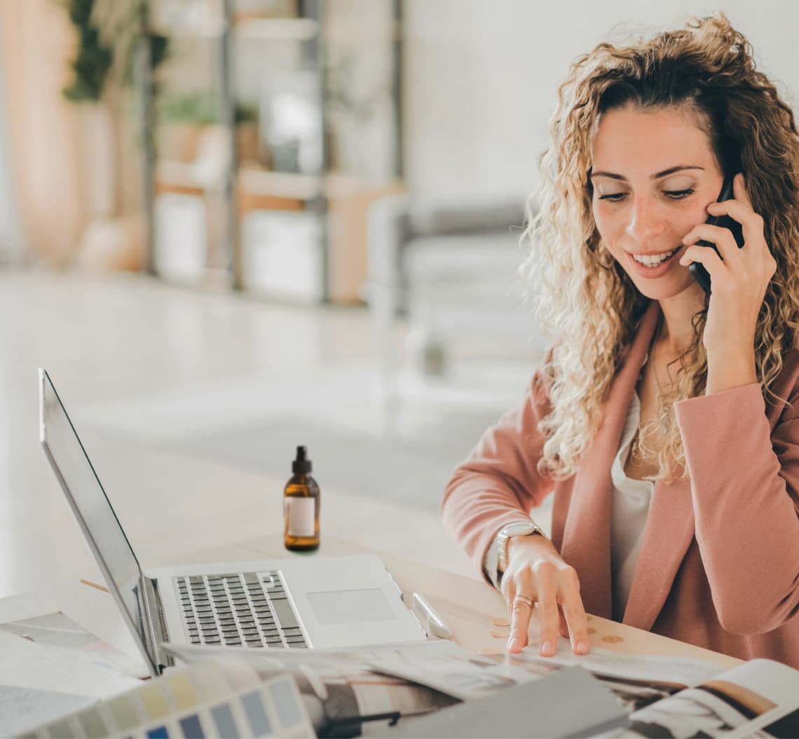Consultation reference: a person reviewing samples during a phone call